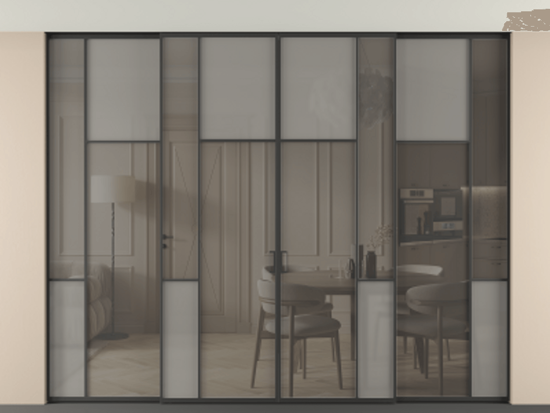 Перегородка Mosaic внутри проёма скрытое крепление в потолок 4 створки АЛПР 041.10 Алюминий Черный Сатинированное серое стекло, триплекс, 6 мм + Прозрачное серое стекло, триплекс. Скрытый короб ЧЕР Цена 574140 ₽ . Фабрика дверей Волховец 8 (800) 551 43 19 Перегородка Mosaic внутри проёма скрытое крепление в потолок 4 створки АЛПР 041.10 Алюминий Черный Сатинированное серое стекло, триплекс, 6 мм + Прозрачное серое стекло, триплекс Цена 574140 ₽ | Volhovec