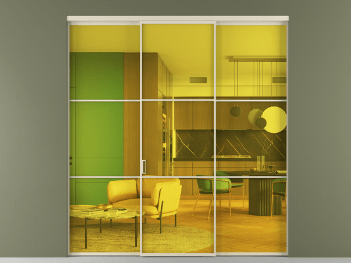 Перегородка Formato внутри проёма 3 створки АЛПР 040.03 Алюминий бежево-серый Прозрачное жёлтое стекло, триплекс Цена 248540 ₽ | Volhovec