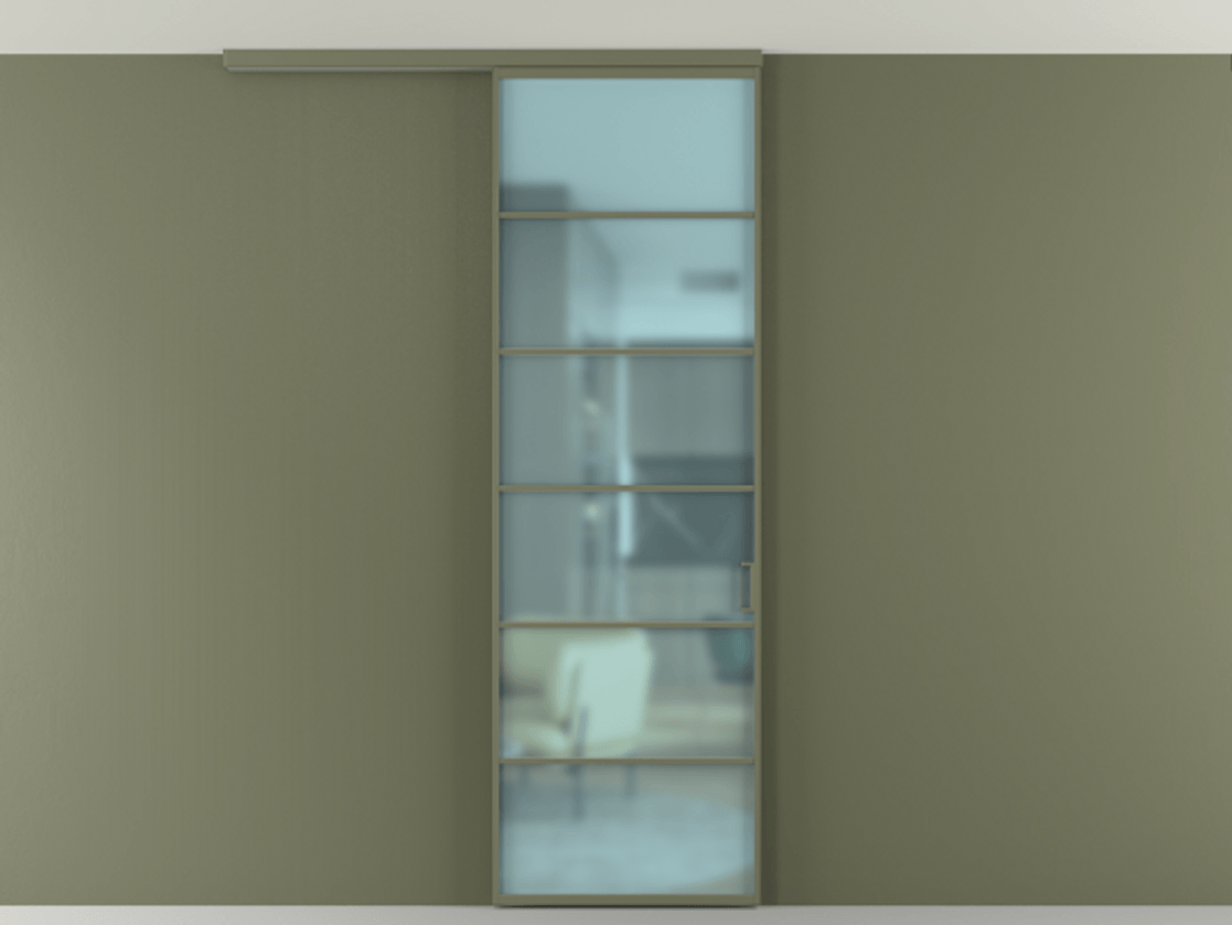 Перегородка Формато вдоль стены на потолок 1 створка АЛПР 040.04 Алюминий оливковый тёмный Сатинированное голубое стекло, триплекс Цена 103293 ₽ | Volhovec