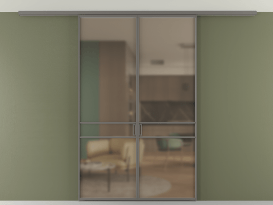 Алюминевая перегородка АЛПР 040.02_АКЛС_Бронза сатин триплекс_new. Цвет Алюминий классический серый. Материал Алюминий в эмали. Коллекция Перегородка Формато вдоль стены на потолок 2 створки. Картинка.