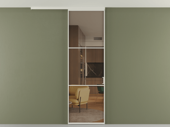 Алюминевая перегородка pv1_03 Бронза прозрачное БЕЛ. Цвет Алюминий Белый. Материал Алюминий. Коллекция Перегородка Формато вдоль стены на потолок 1 створка. Картинка.