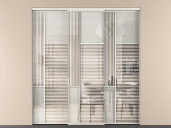 Алюминевая перегородка vn3_5_АСР_DUNE+LED_new. Цвет Алюминий серый. Материал Алюминий в эмали. Коллекция Перегородка Мозаик внутри проёма 3 створки. Картинка.