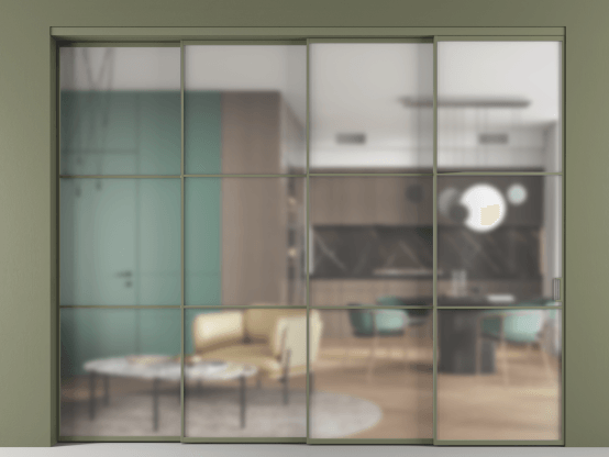 Алюминевая перегородка АЛПР 040.03_АОТ_Matelux Crystalvision_new. Цвет Алюминий оливковый тёмный. Материал Алюминий в эмали. Коллекция Перегородка Формато внутри проёма 4 створки с синхронным механизмом. Картинка.