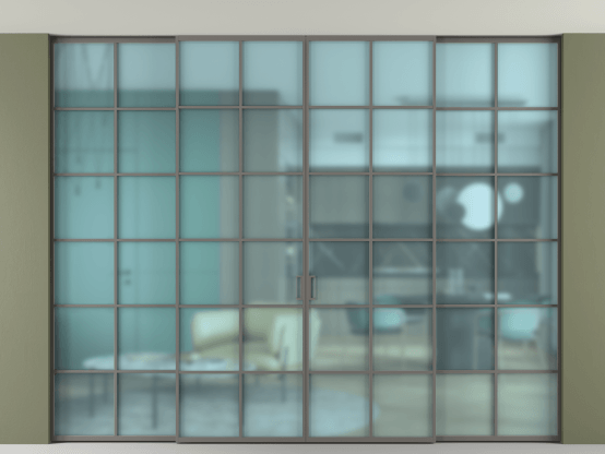 Алюминевая перегородка АЛПР 040.05_АКЛС_САТ ГОЛ_new. Цвет Алюминий классический серый. Материал Алюминий в эмали. Коллекция Перегородка Формато внутри проёма скрытое крепление в потолок 4 створки. Картинка.