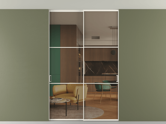 Алюминевая перегородка vn2_03 Алюминий пудровый белый Бронза прозрачное. Цвет Алюминий пудровый белый. Материал Алюминий в эмали. Коллекция Перегородка Формато внутри проёма скрытое крепление в потолок 2 створки. Картинка.